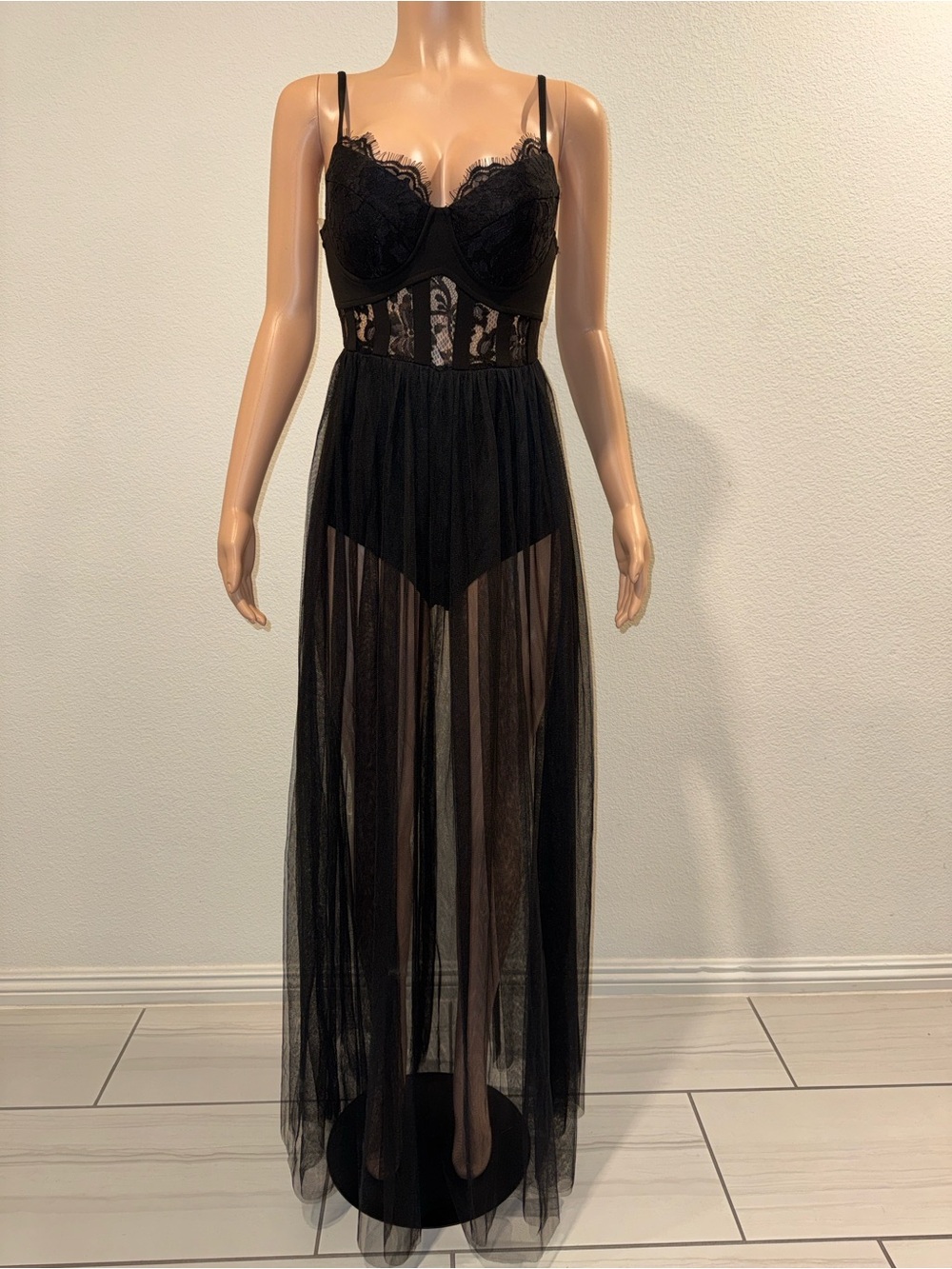 Elegant Black Lace Sheer Maxi Dress / Lingerie